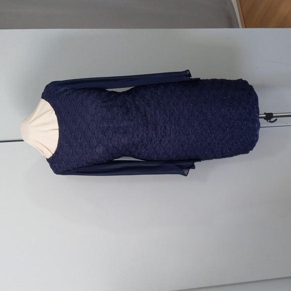 connected apparel Dresses & Skirts - Connected Apparel Elegant Navy Blue Dress with Sheer Sleeves Size 14